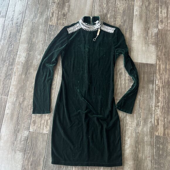 NEW ELIE‎ TAHARI Size Xs Emerald Velour Long Sleeve Mini Dress BEADED - Picture 1 of 8